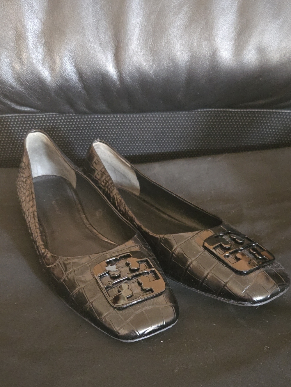 Tory Burch Black Croc-Embossed Logo Square-Toe Ballet Flats